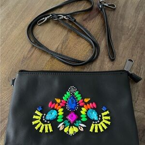 Steve Madden Black Wristlet Or Crossbody Clutch with Neon Gem Embellishments